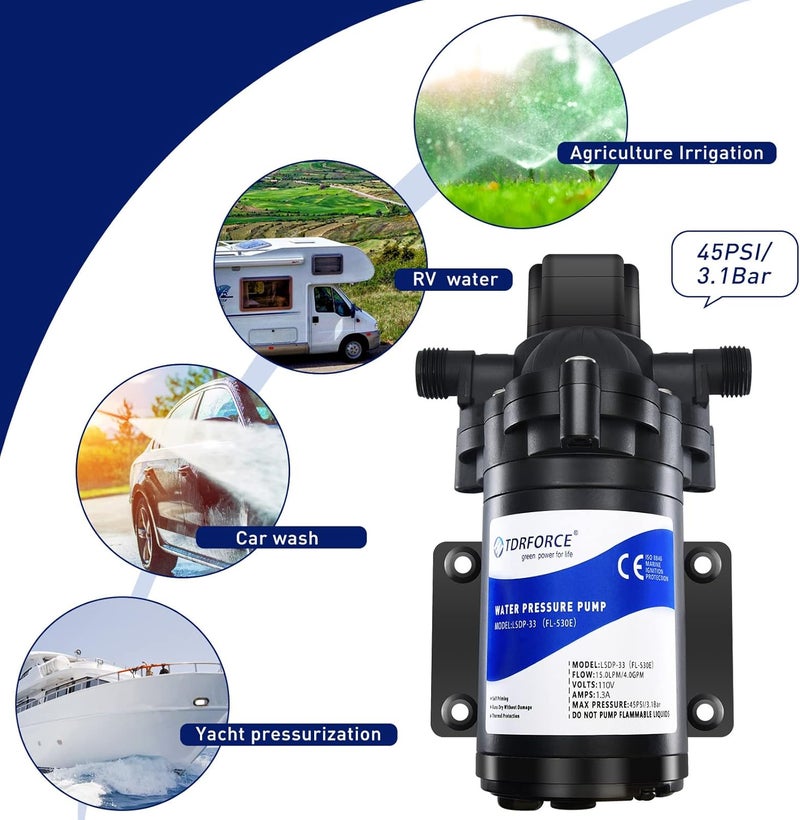 TDRFORCE مضخة مياه عذبة دائرية 110 فولت 4 جالون في الدقيقة مضخة تعزيز ضغط 45 PSI مضخة نقل ذاتية التحضير عند الطلب مضخة مياه غشاء مضخة غسيل مضخة مياه خطية لخرطوم الحديقة...  - Image 3